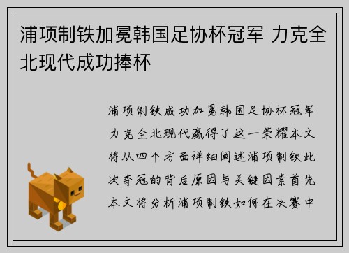 浦项制铁加冕韩国足协杯冠军 力克全北现代成功捧杯 浦项制铁加冕韩国足协杯冠军 力克全北现代成功捧杯